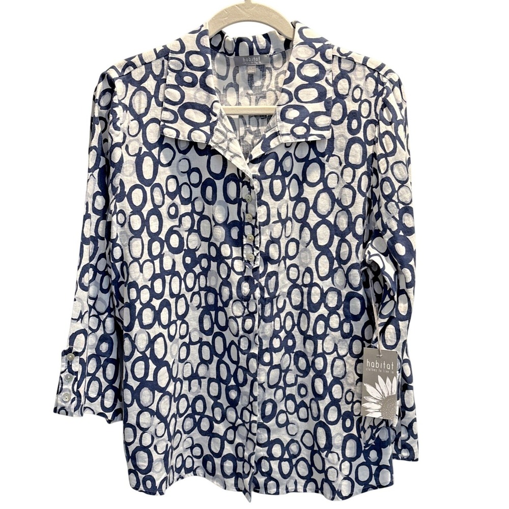 Habitat NWT Top L Button up Retro Circle Swing Blue White Lagenlook Linen Blend